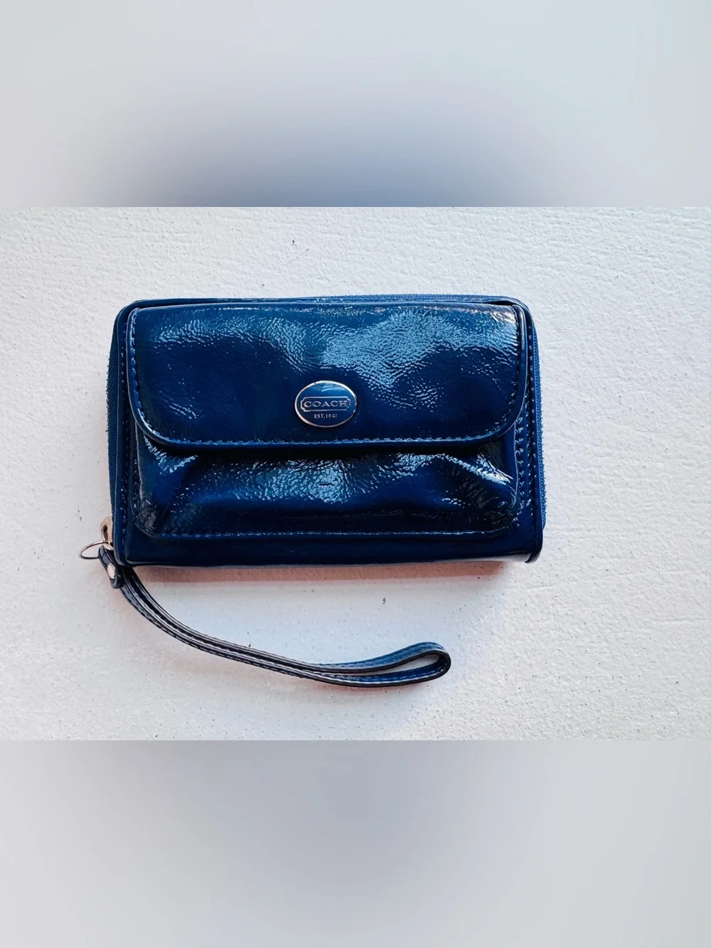 Coach Patent Leather Wristlet in Deep Blue